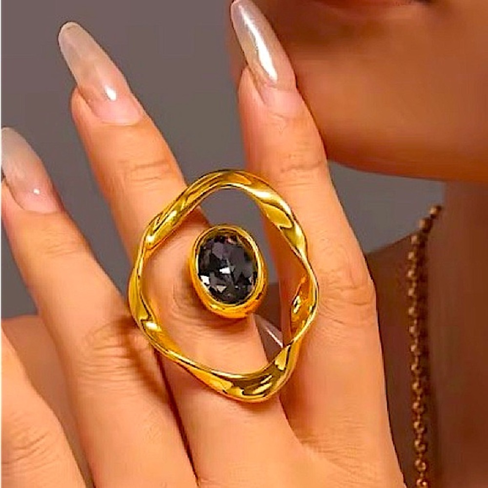 Gold Czech Crumpled Orbit Ring, Geometric Ring, Creative, Big Diamond